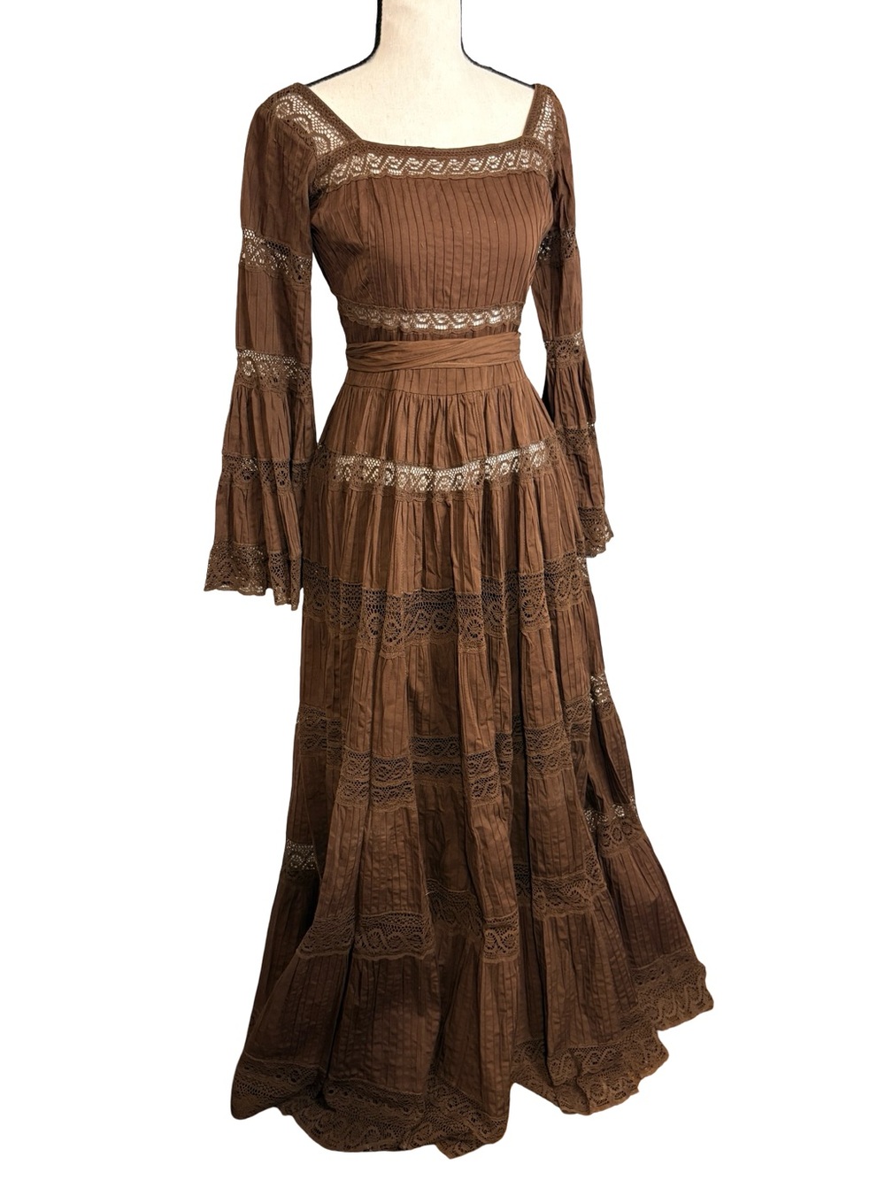 Vintage 70s Girasol Prairie Maxi Dress Brown Lace Bell Sleeve